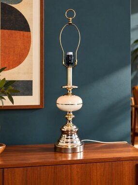 Vintage Lumiray Brass Tone Ivory Glass Table Lamp Hollywood Regency 28" Works